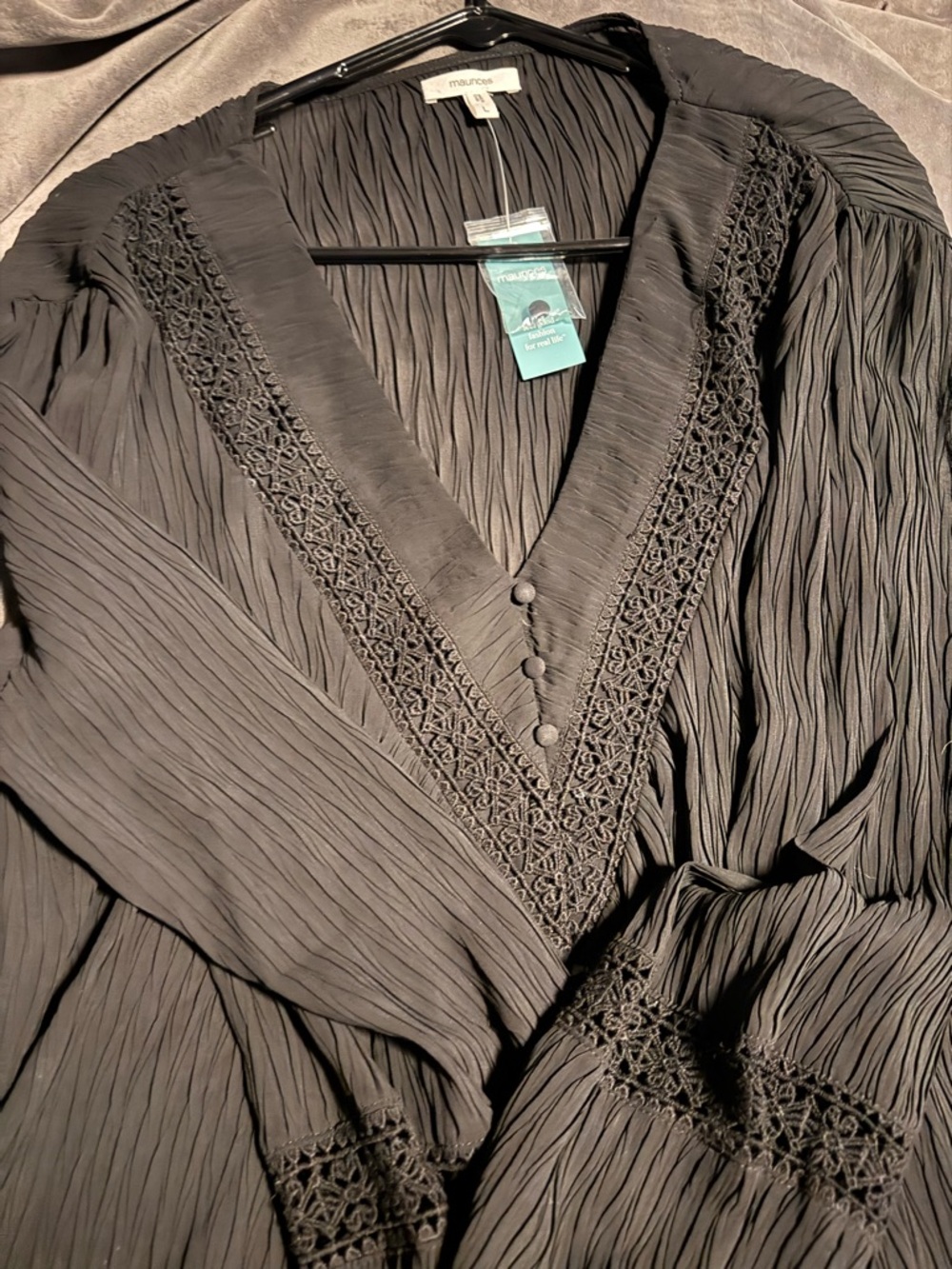 Maurices Black Pleated V-Neck Blouse with Crochet Trim